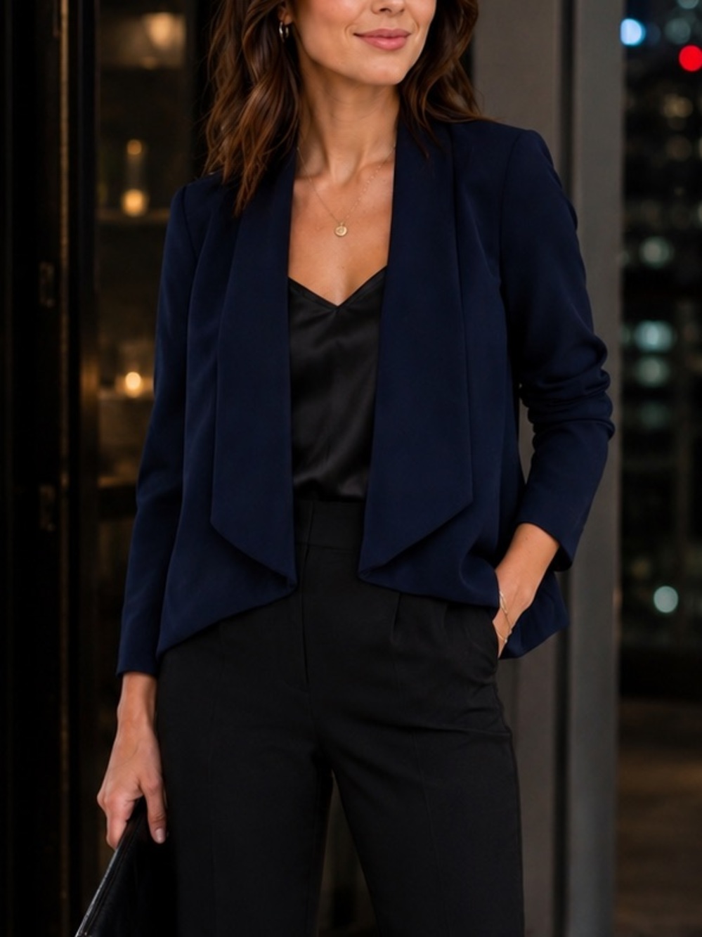 Hobbs London Navy Blue Draped Waterfall Open Front Blazer – Women’s S